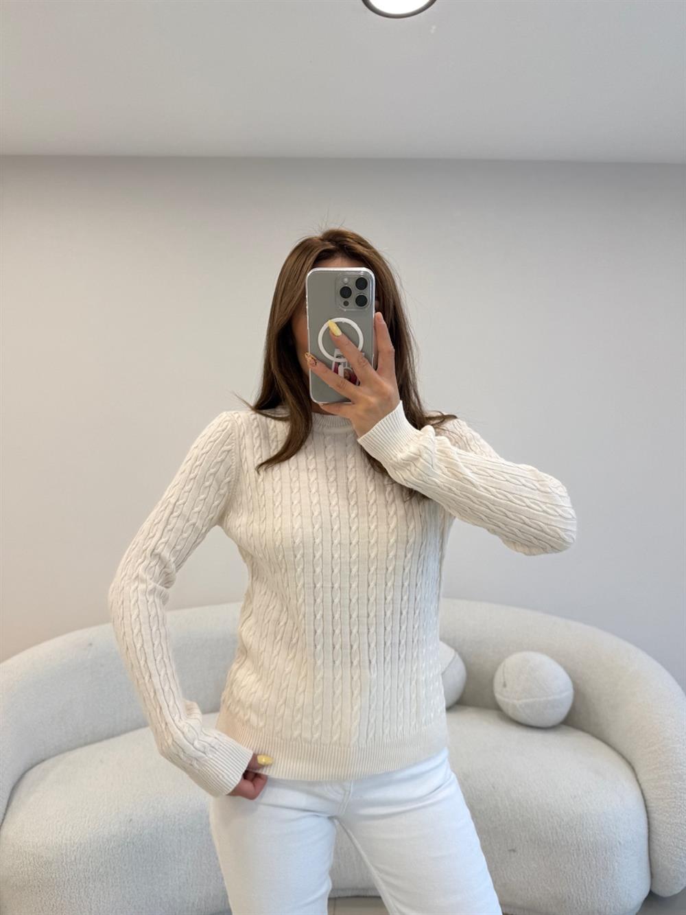 SAÇ ÖRGÜ UZUN KOL BASİC KAZAK  EKRU