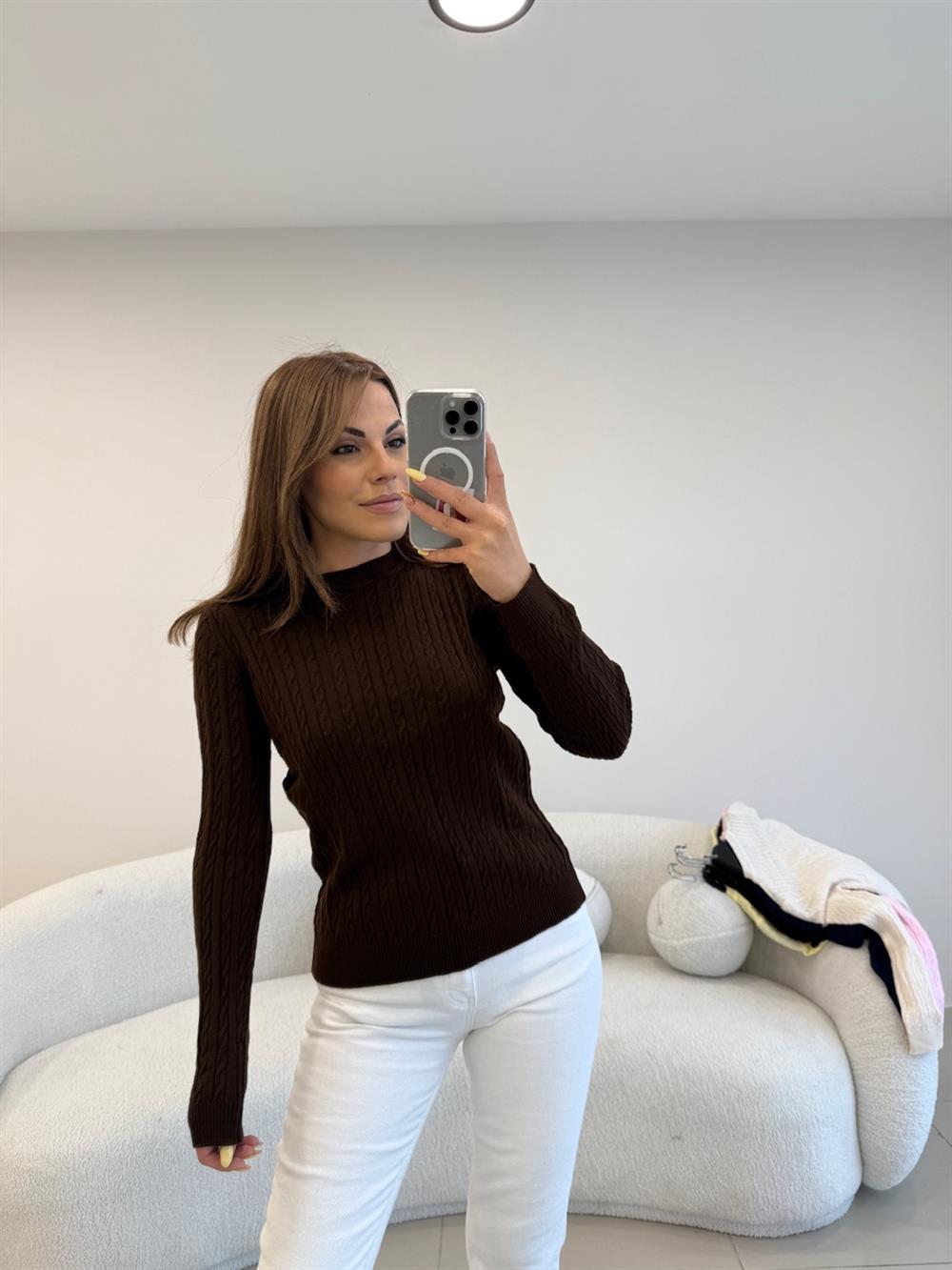 SAÇ ÖRGÜ UZUN KOL BASİC KAZAK  KAHVE