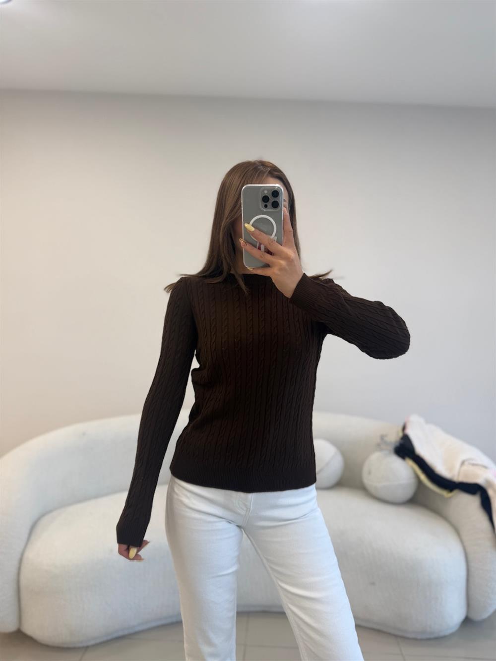 SAÇ ÖRGÜ UZUN KOL BASİC KAZAK  KAHVE