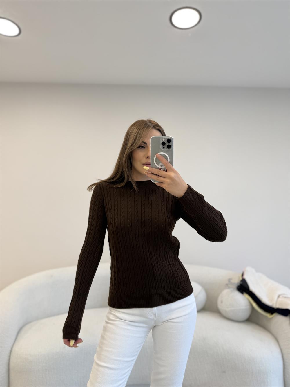 SAÇ ÖRGÜ UZUN KOL BASİC KAZAK  KAHVE