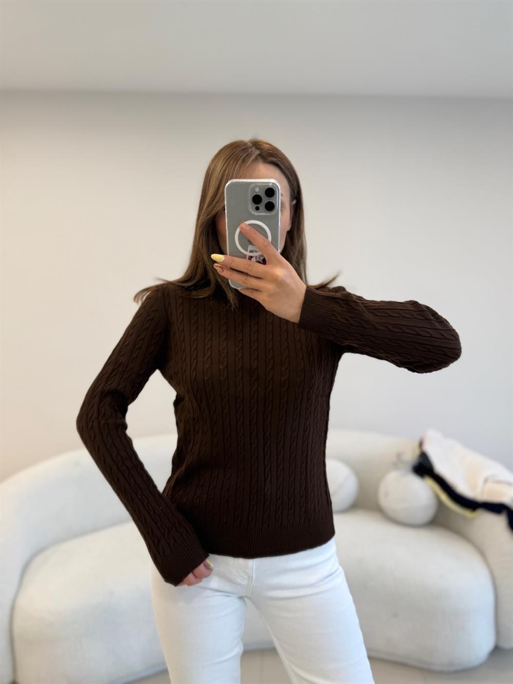 SAÇ ÖRGÜ UZUN KOL BASİC KAZAK  KAHVE