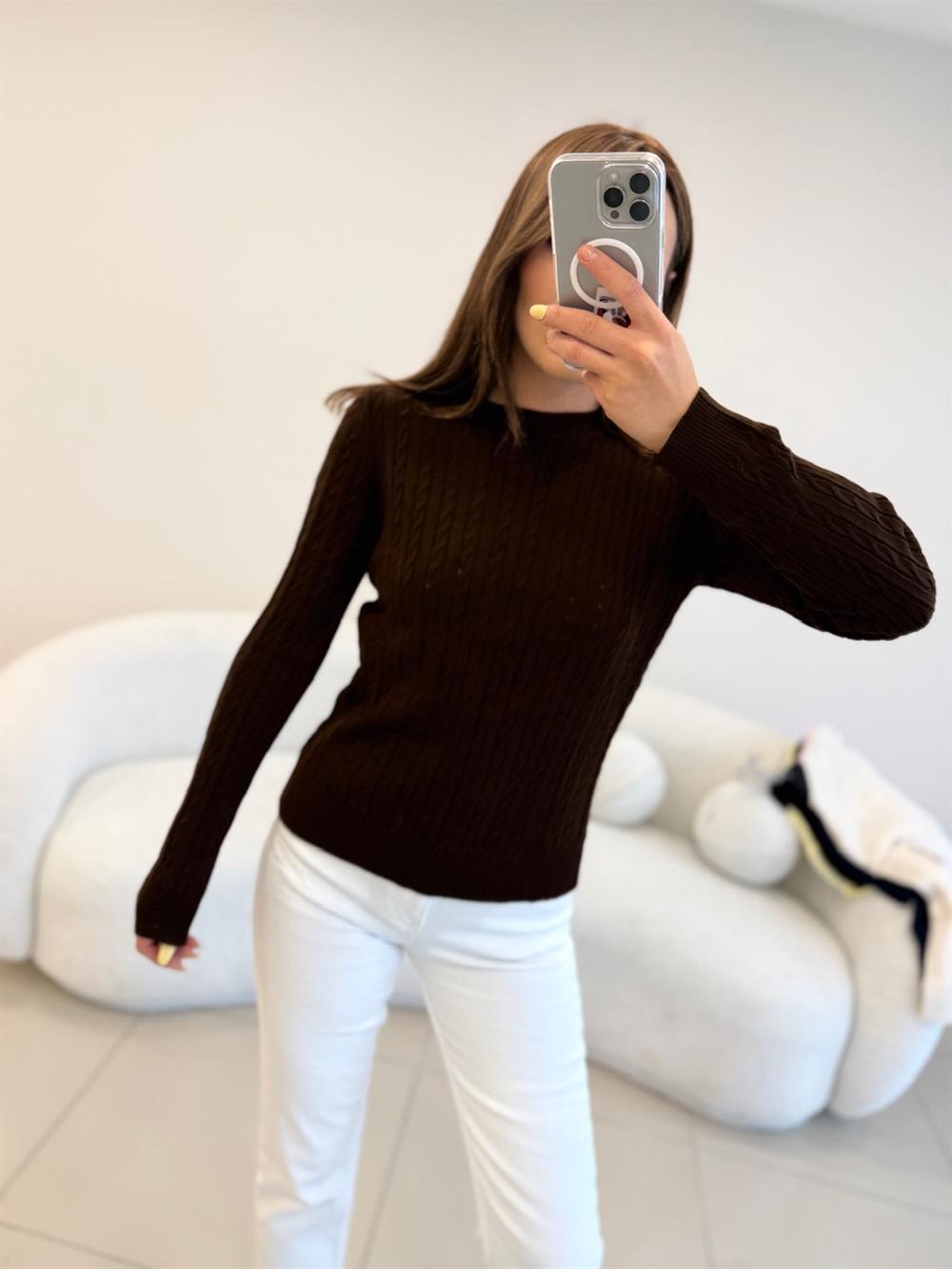 SAÇ ÖRGÜ UZUN KOL BASİC KAZAK  KAHVE