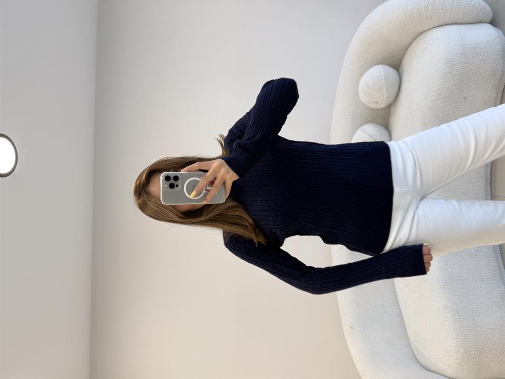 SAÇ ÖRGÜ UZUN KOL BASİC KAZAK  LACİVERT