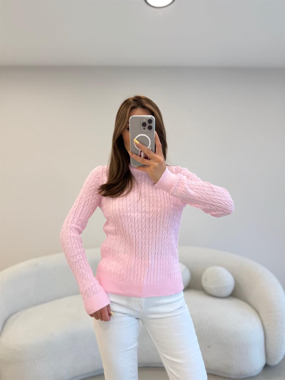 SAÇ ÖRGÜ UZUN KOL BASİC KAZAK  PEMBE