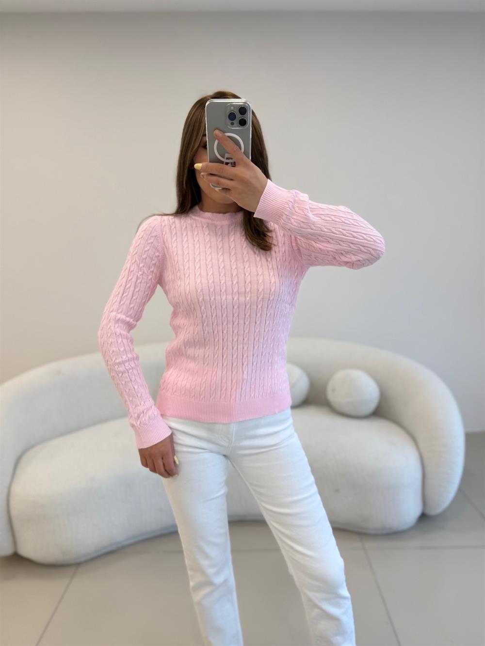 SAÇ ÖRGÜ UZUN KOL BASİC KAZAK  PEMBE