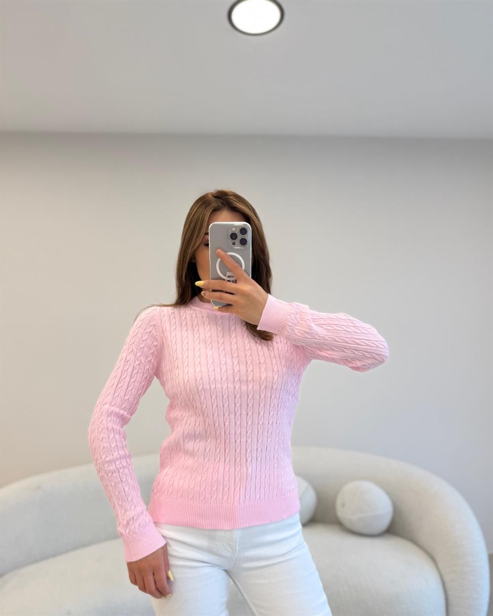 SAÇ ÖRGÜ UZUN KOL BASİC KAZAK  PEMBE