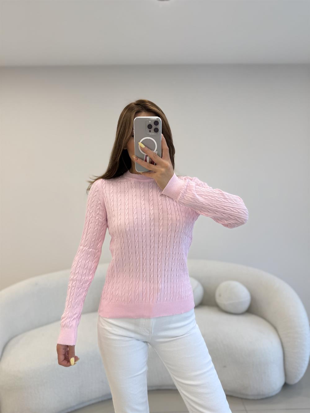 SAÇ ÖRGÜ UZUN KOL BASİC KAZAK  PEMBE