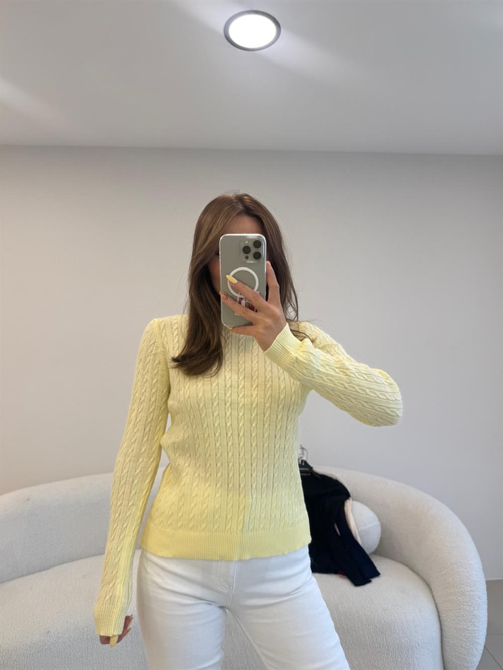 SAÇ ÖRGÜ UZUN KOL BASİC KAZAK  SARI