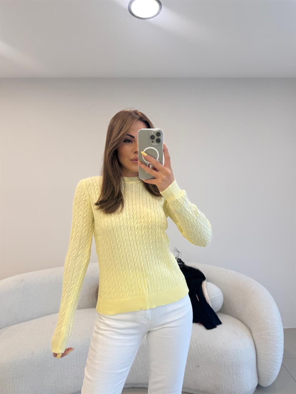 SAÇ ÖRGÜ UZUN KOL BASİC KAZAK  SARI