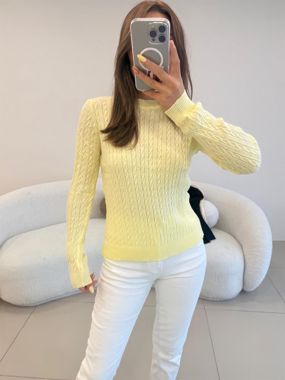 SAÇ ÖRGÜ UZUN KOL BASİC KAZAK  SARI