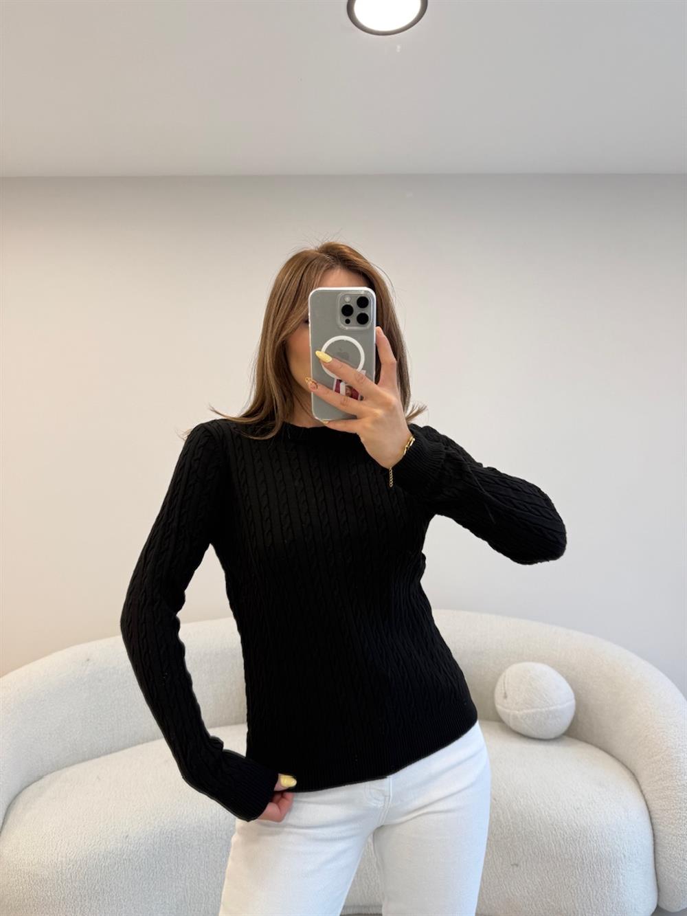 SAÇ ÖRGÜ UZUN KOL BASİC KAZAK  SİYAH