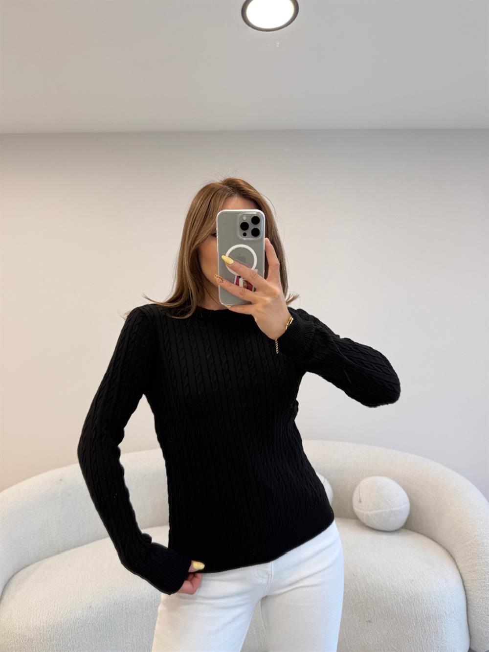 SAÇ ÖRGÜ UZUN KOL BASİC KAZAK  SİYAH