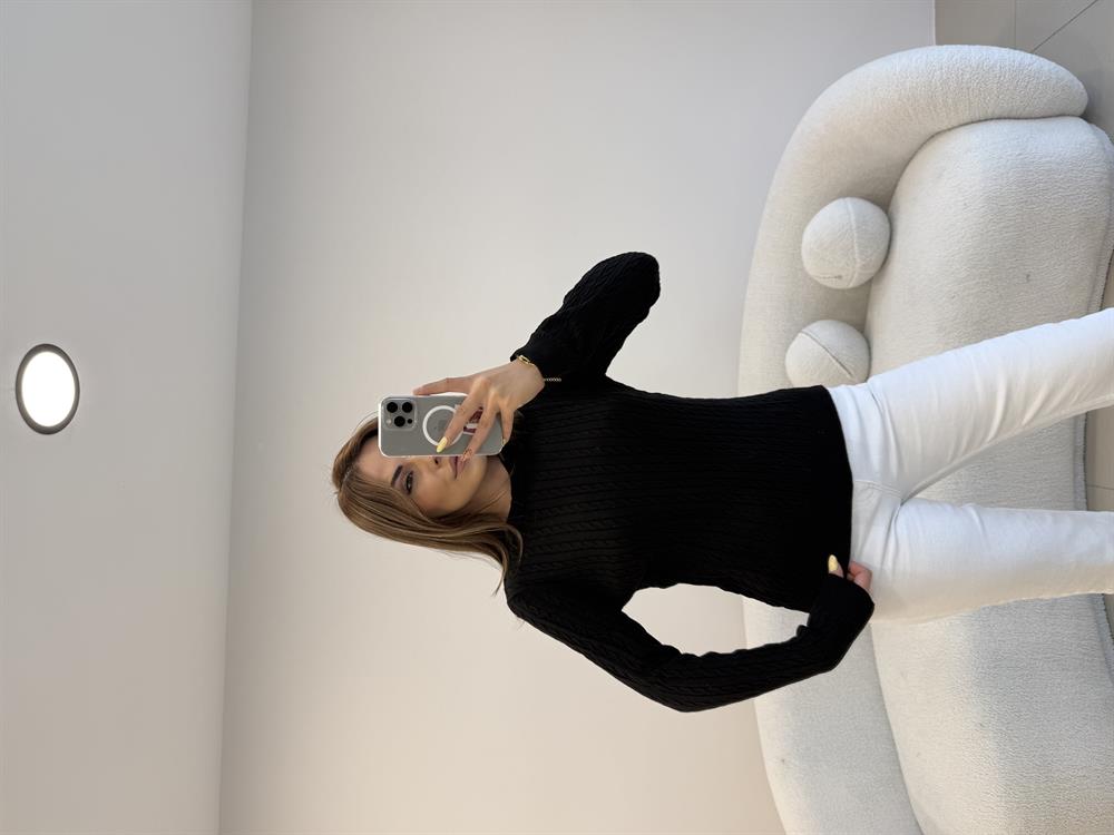 SAÇ ÖRGÜ UZUN KOL BASİC KAZAK  SİYAH