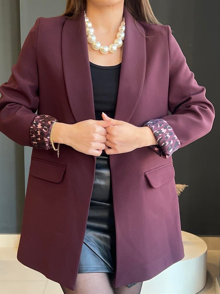 Şal Yaka Leopar Astarli Ceket Bordo