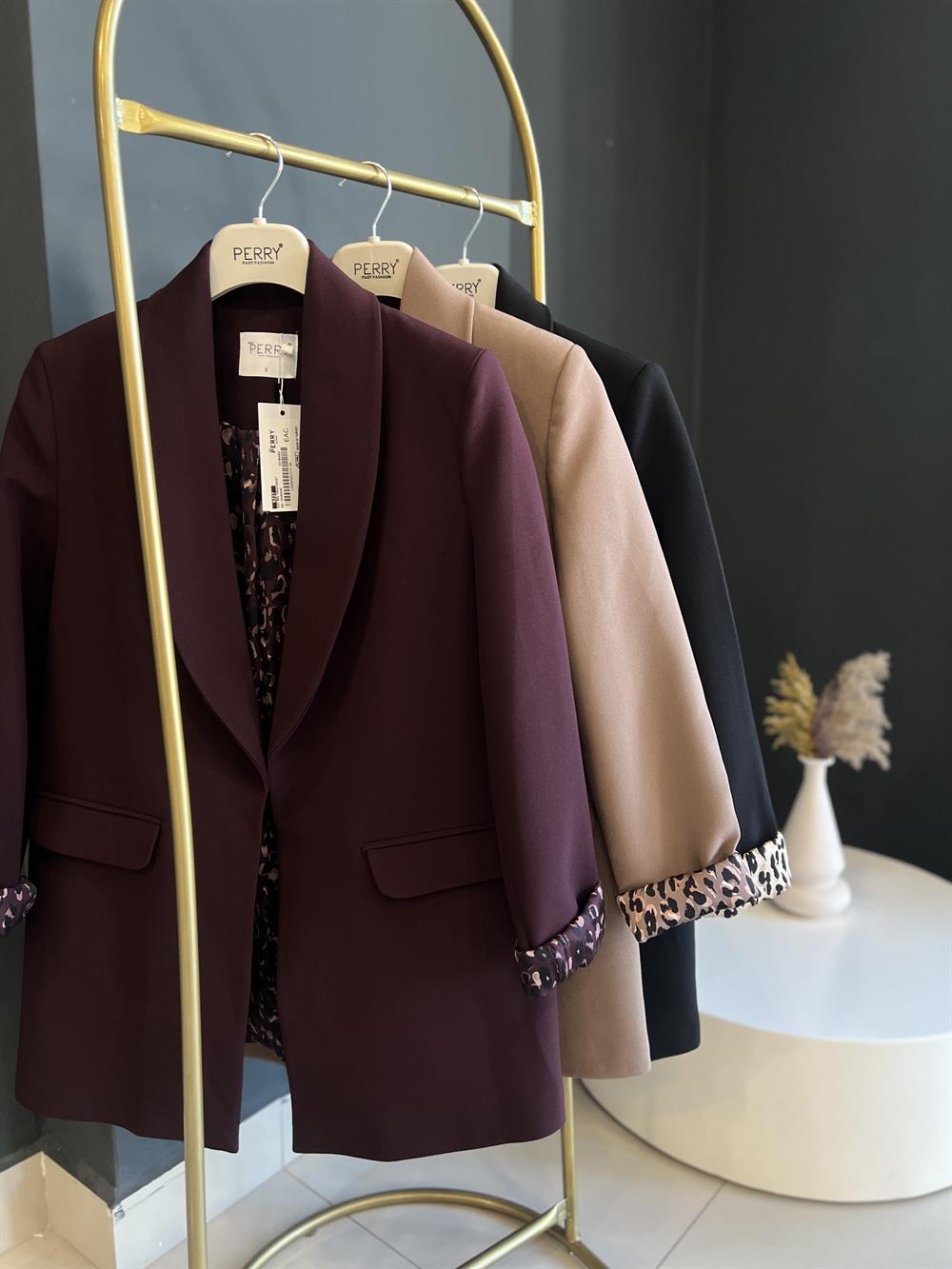 Şal Yaka Leopar Astarli Ceket Bordo