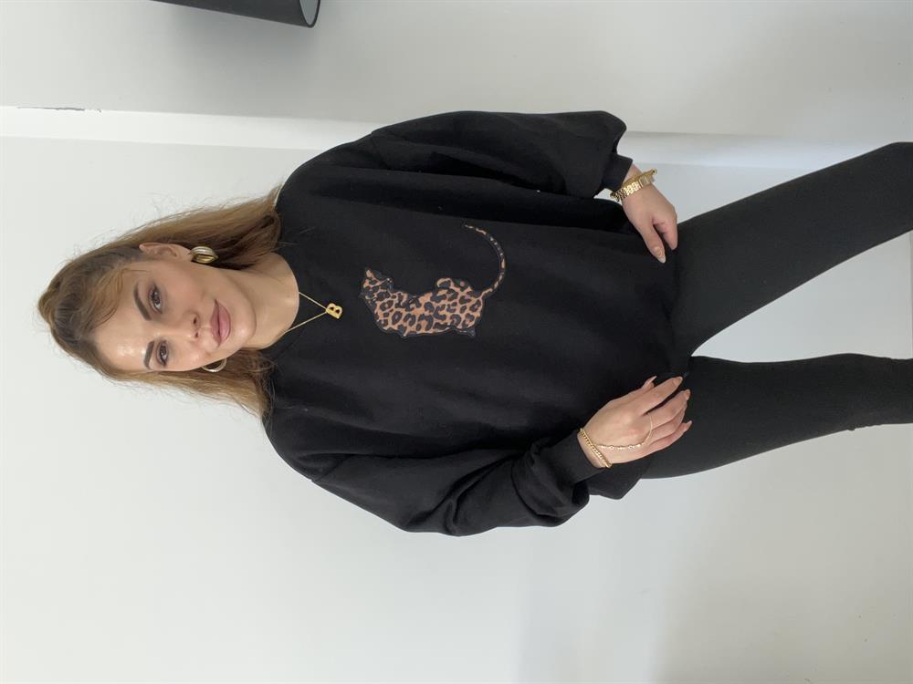 Şardonsuz Oversi̇ze Leopar Detayli Sweat Si̇yah