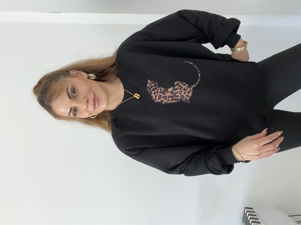 Şardonsuz Oversi̇ze Leopar Detayli Sweat Si̇yah
