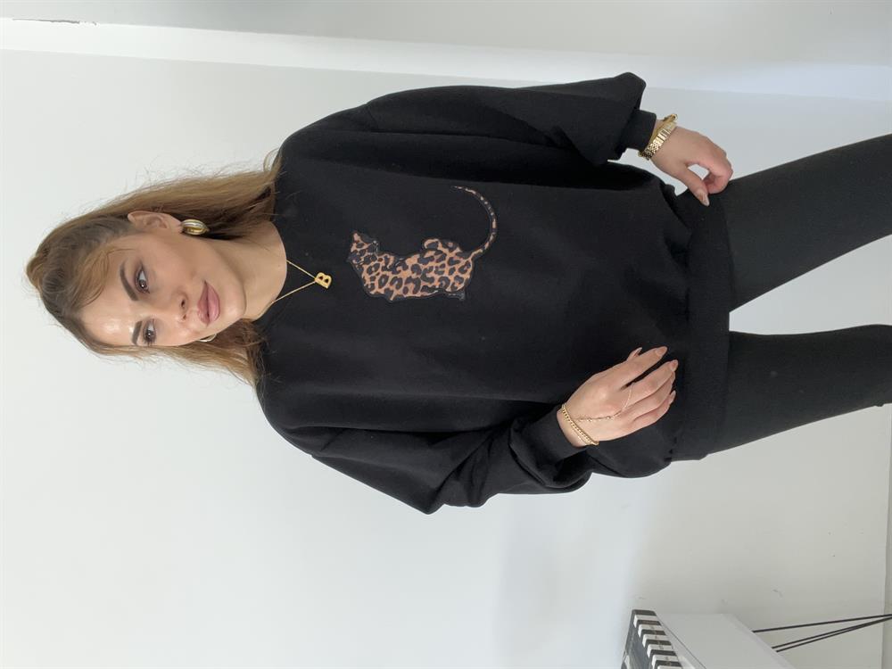 Şardonsuz Oversi̇ze Leopar Detayli Sweat Si̇yah