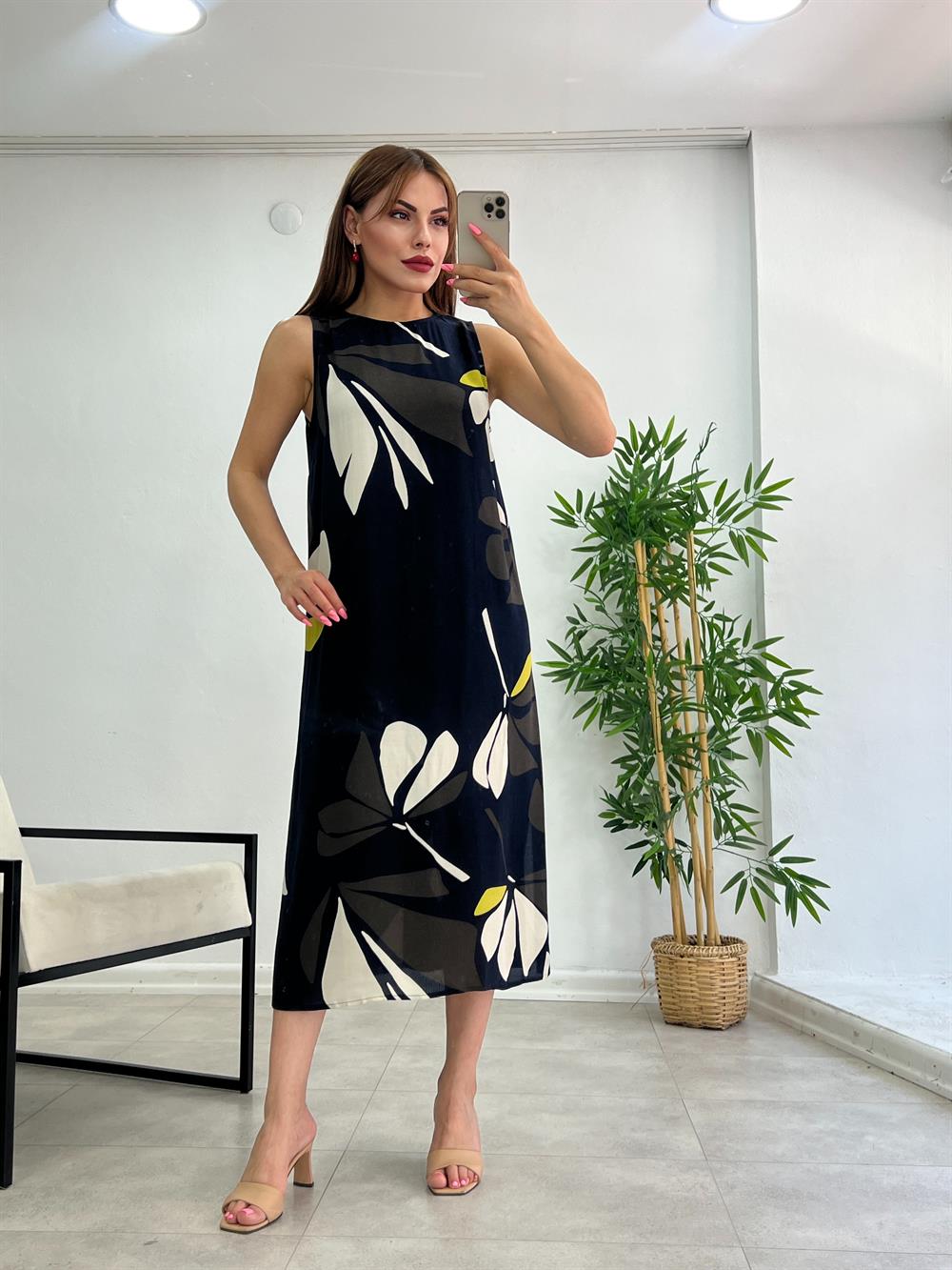 Sari-Laci̇vert-Beyaz Desenli̇ Orji̇nal Elbi̇se