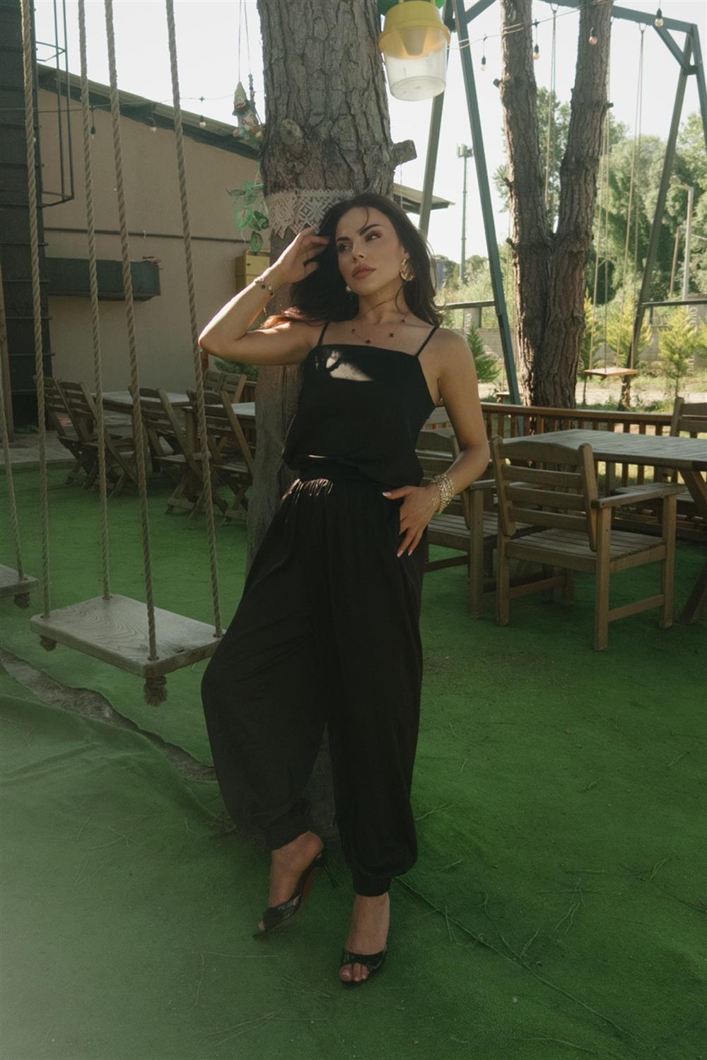 SATEN BLUZ ŞALVAR TAKIM SİYAH