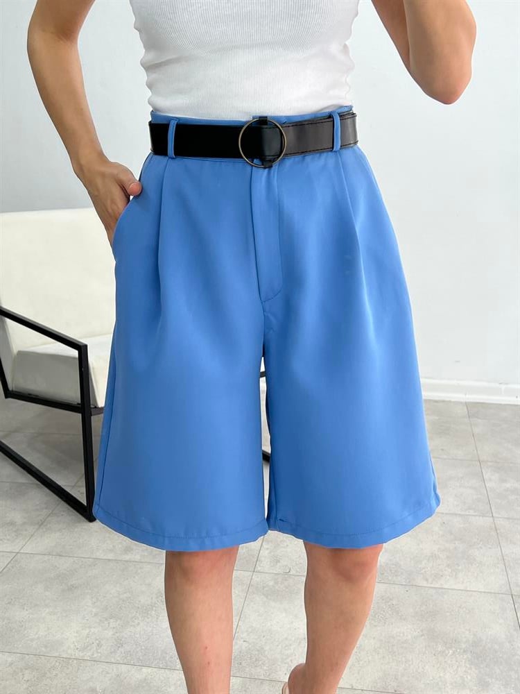 ŞEHİR BOY KEMERLİ KUMAŞ ŞORT MAVİ