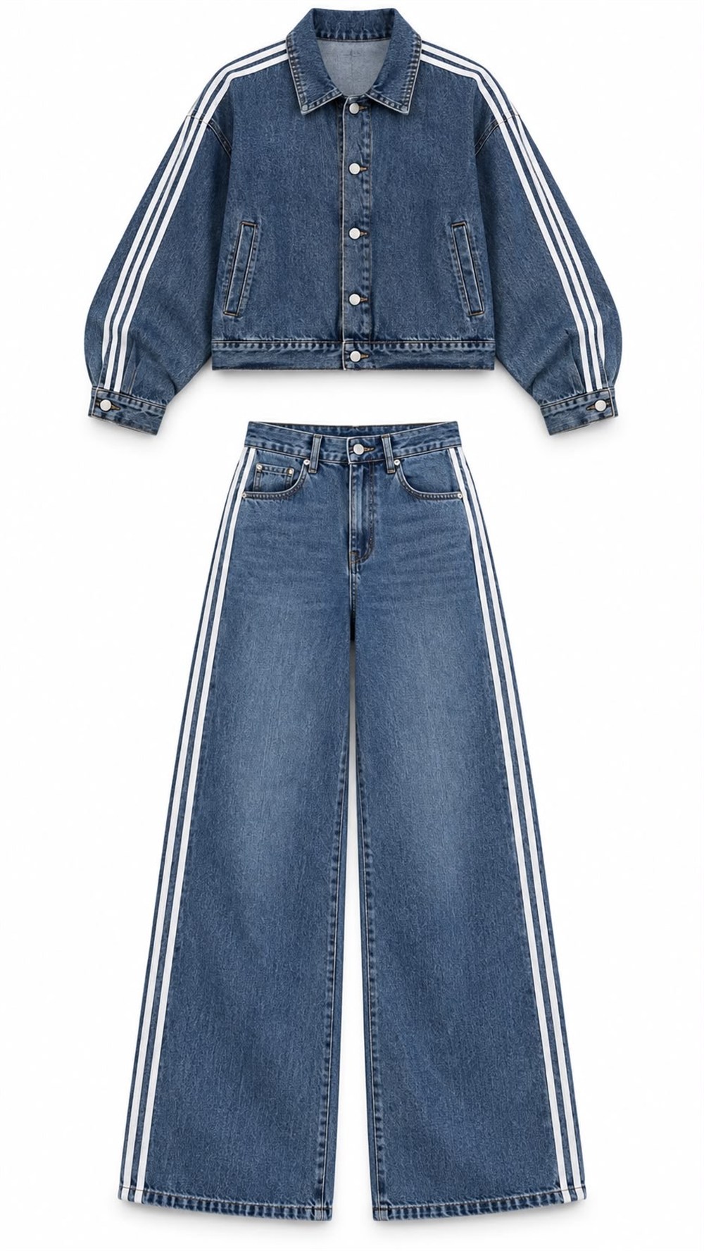 Şerit Detaylı Crop Denim Ceket ve Geniş Paça Takım