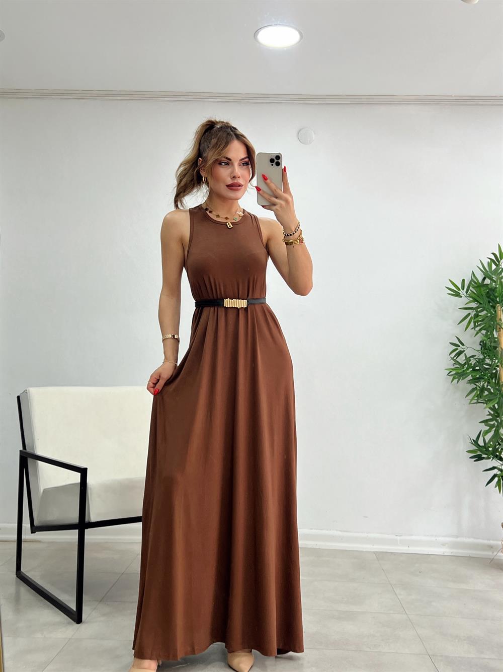 Sifir Yaka Modal Kumaş Basi̇c Elbi̇se Kahve