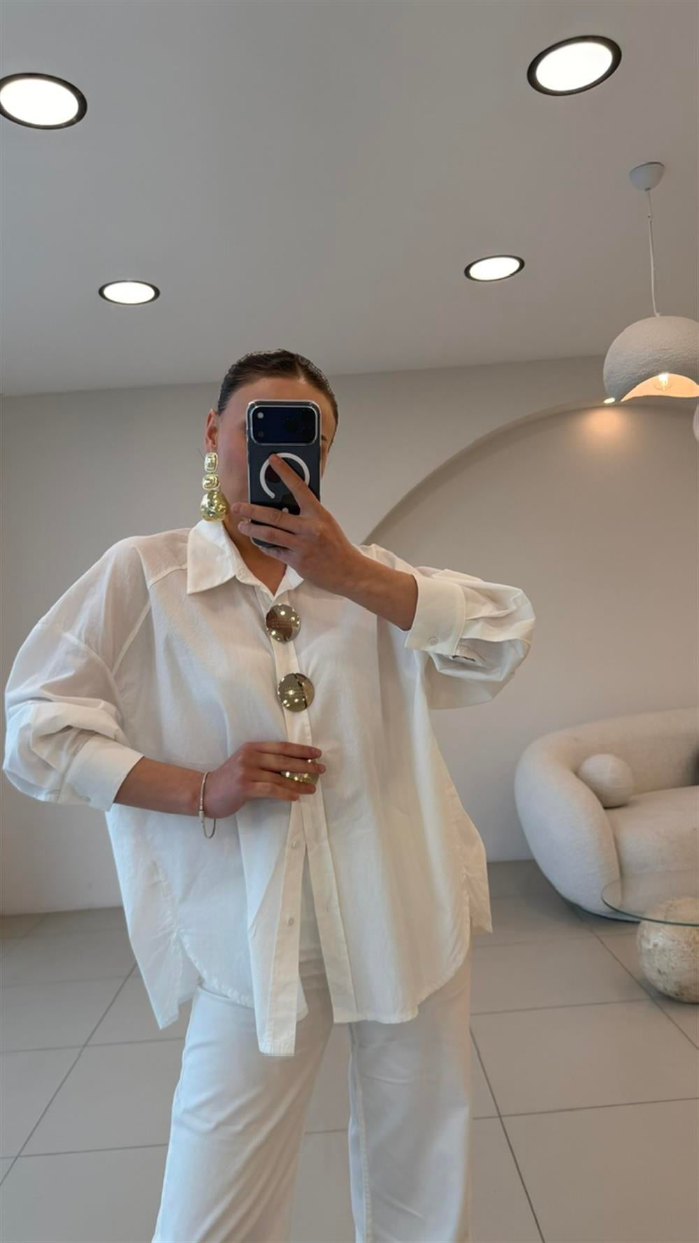 Silver Aksesuarlı Beyaz Pamuk Gömlek 