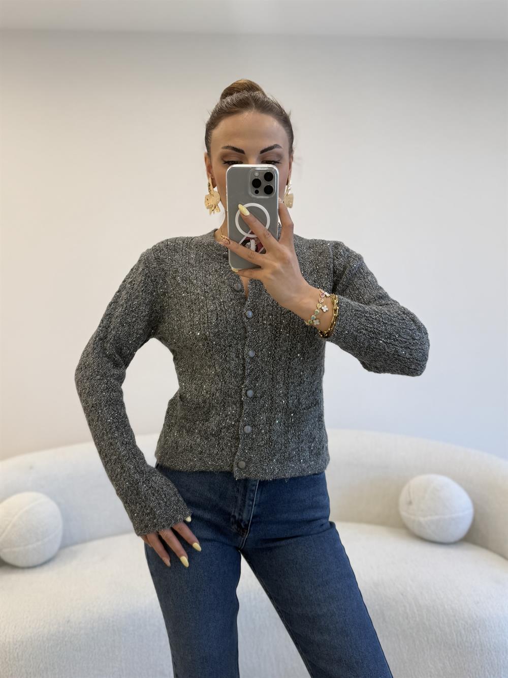 SİMLİ ÇİFT CEPLİ HIRKA GRİ