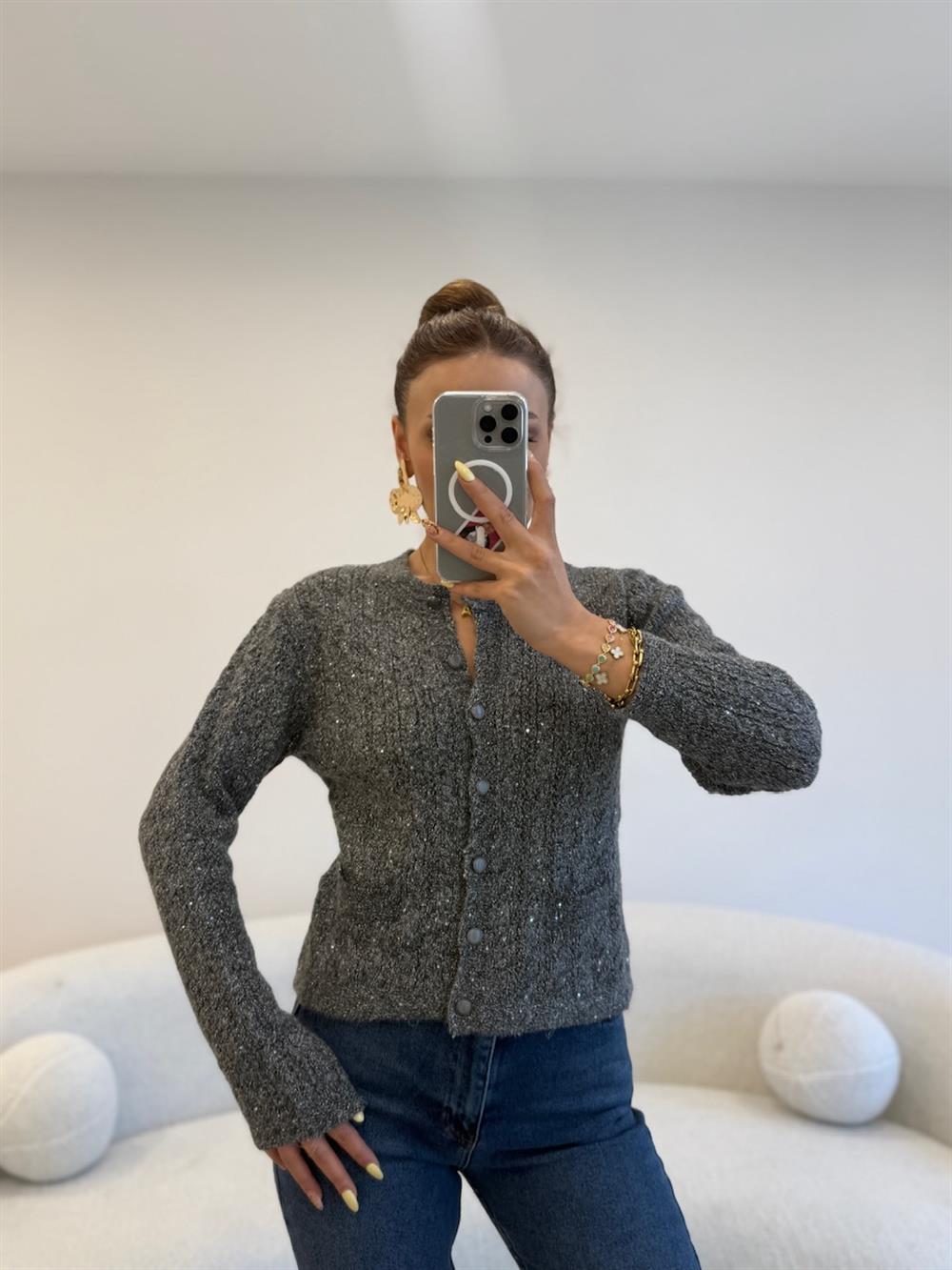 SİMLİ ÇİFT CEPLİ HIRKA GRİ