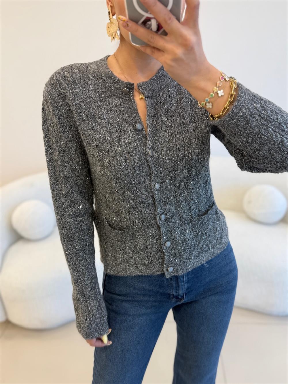 SİMLİ ÇİFT CEPLİ HIRKA GRİ