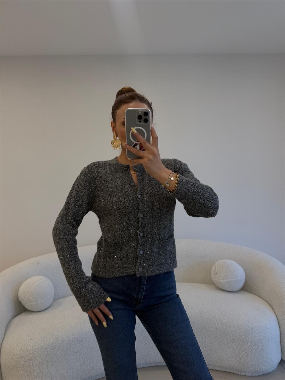 SİMLİ ÇİFT CEPLİ HIRKA GRİ