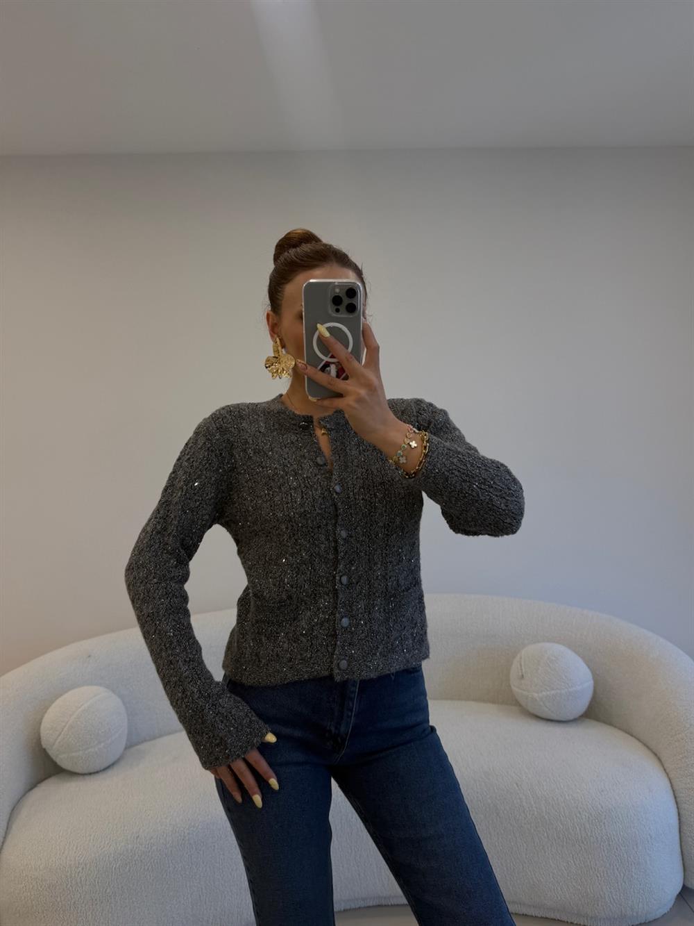 SİMLİ ÇİFT CEPLİ HIRKA GRİ