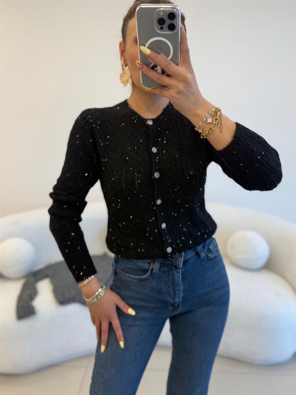 SİMLİ ÇİFT CEPLİ HIRKA SİYAH