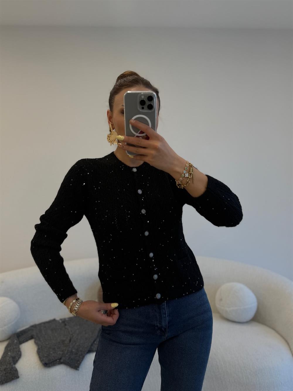 SİMLİ ÇİFT CEPLİ HIRKA SİYAH