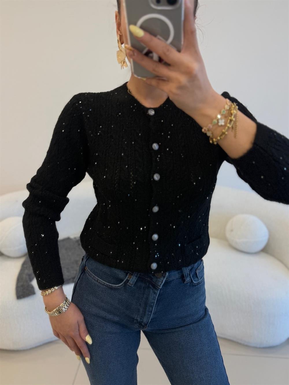 SİMLİ ÇİFT CEPLİ HIRKA SİYAH