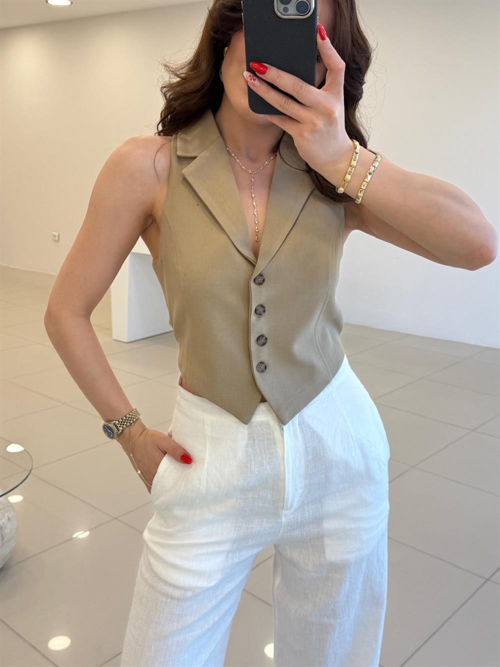 SIRT BELDEN BAĞLAMALI YELEK CAMEL