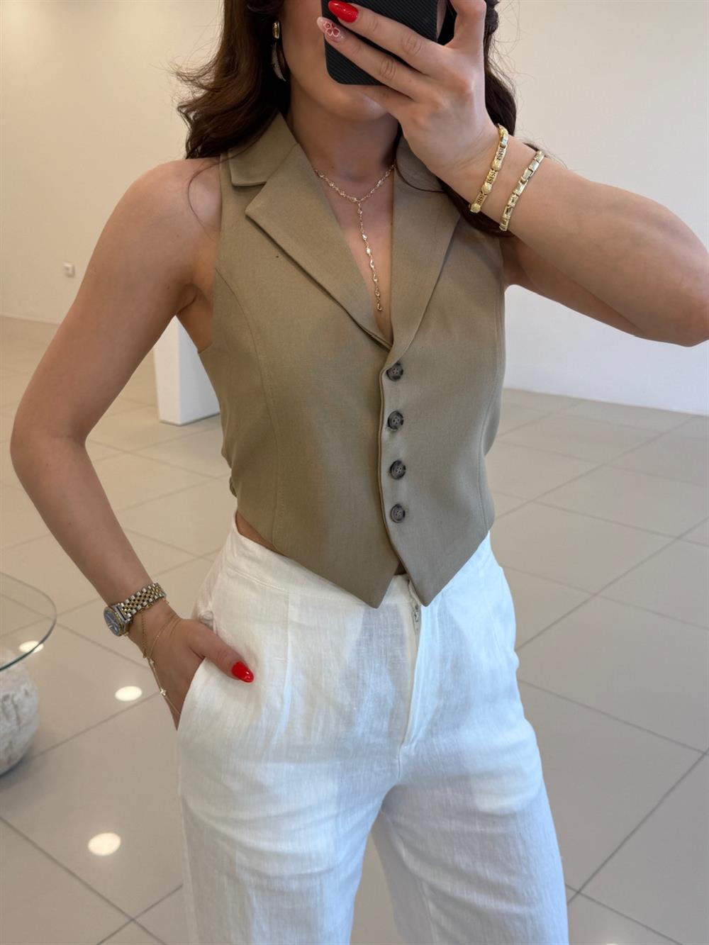 SIRT BELDEN BAĞLAMALI YELEK CAMEL