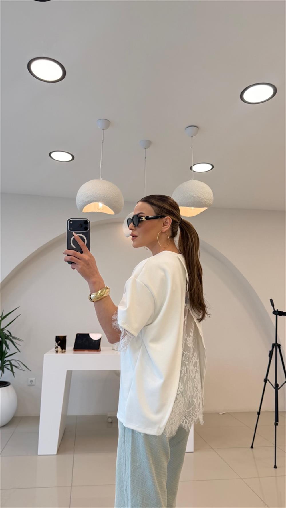 SIRT DANTEL DETAYLI MODAL BLUZ BEYAZ