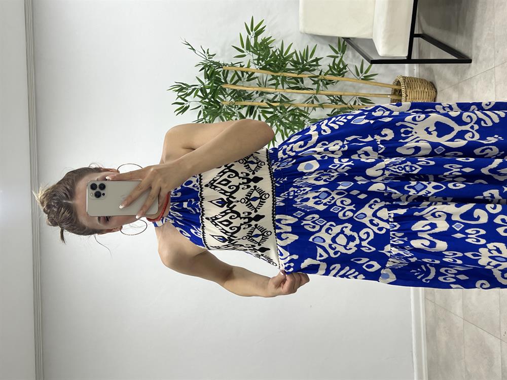 Sirt Dekolteli̇ Mavi̇ Desenli̇ Elbi̇se