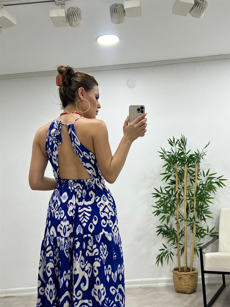 Sirt Dekolteli̇ Mavi̇ Desenli̇ Elbi̇se