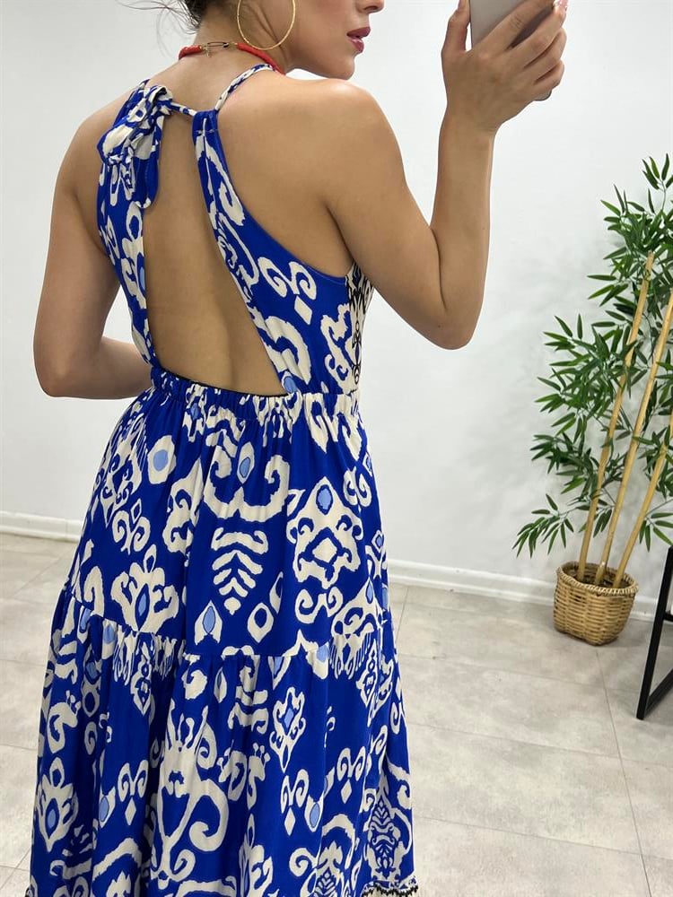 Sirt Dekolteli̇ Mavi̇ Desenli̇ Elbi̇se