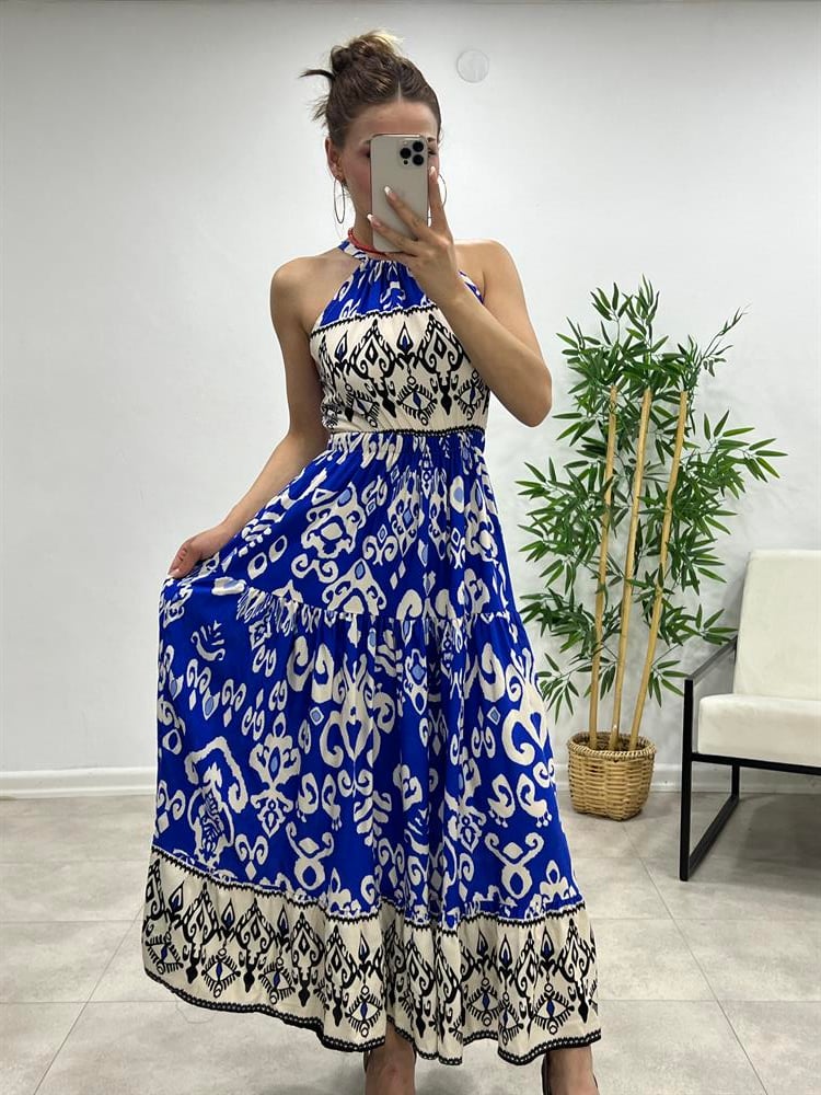 Sirt Dekolteli̇ Mavi̇ Desenli̇ Elbi̇se