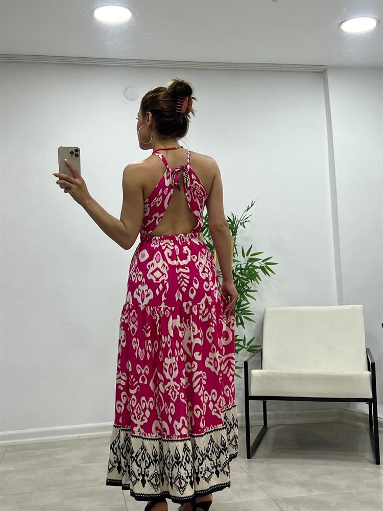 Sirt Dekolteli̇ Pembe Desenli̇ Elbi̇se