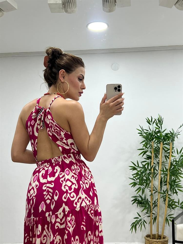 Sirt Dekolteli̇ Pembe Desenli̇ Elbi̇se