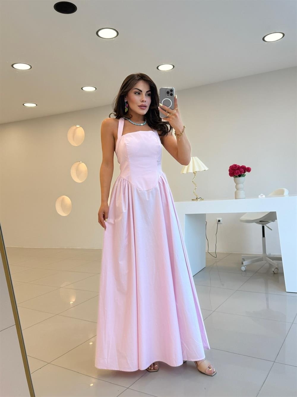 SIRT DEKOLTELİ POPLİN ELBİSE PEMBE