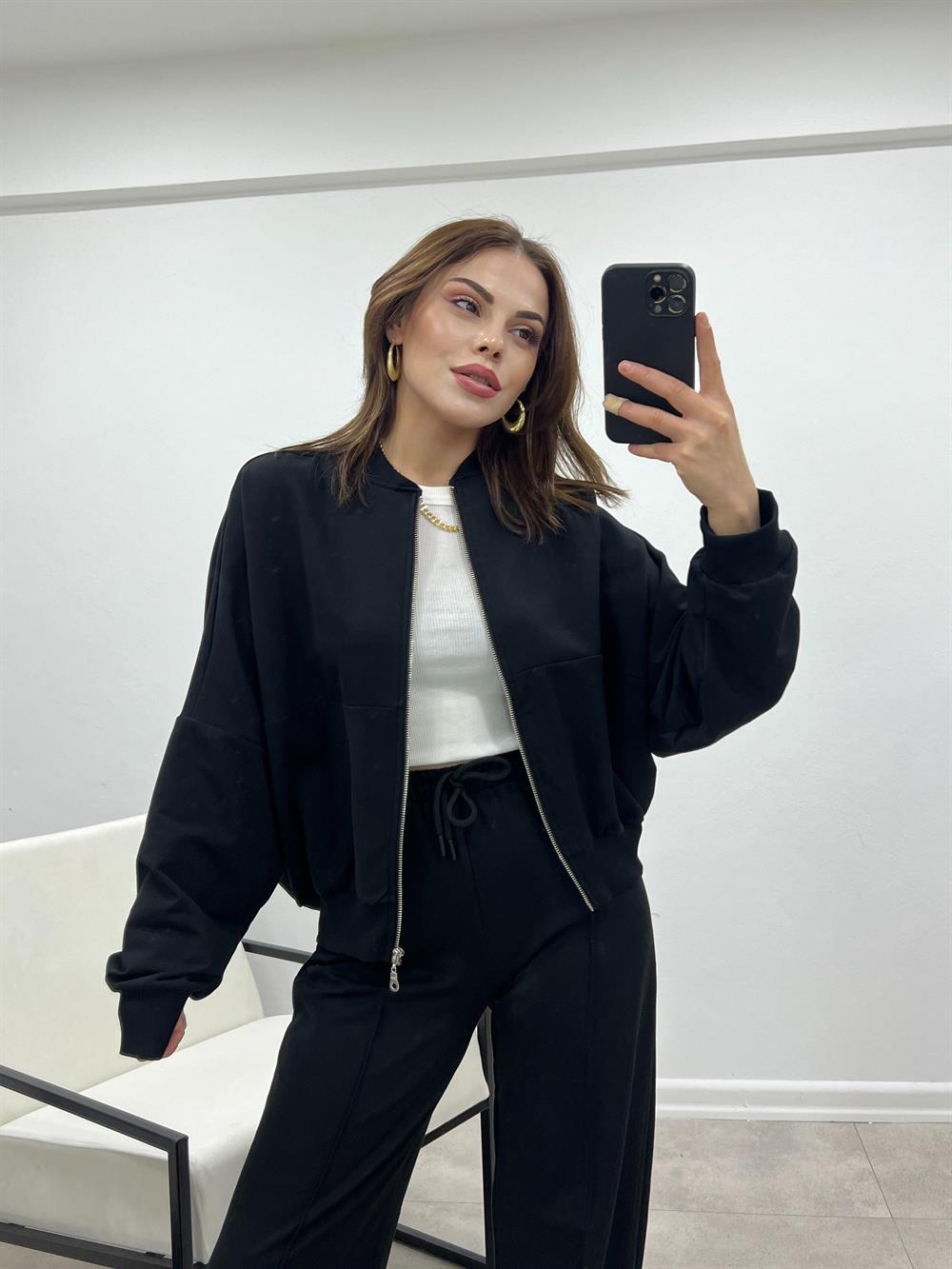 Si̇yah Faye Fermuarli Sweatshi̇rt Eşofman Takimi