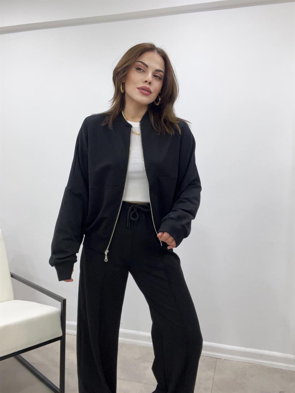 Si̇yah Faye Fermuarli Sweatshi̇rt Eşofman Takimi