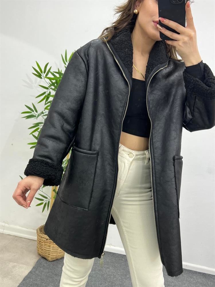 Si̇yah Kürklü Deri̇ Mont