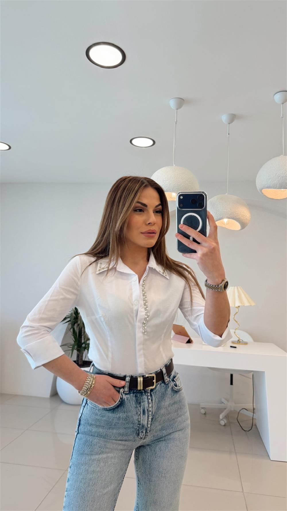 SLİM FİT TAŞLI GÖMLEK BEYAZ